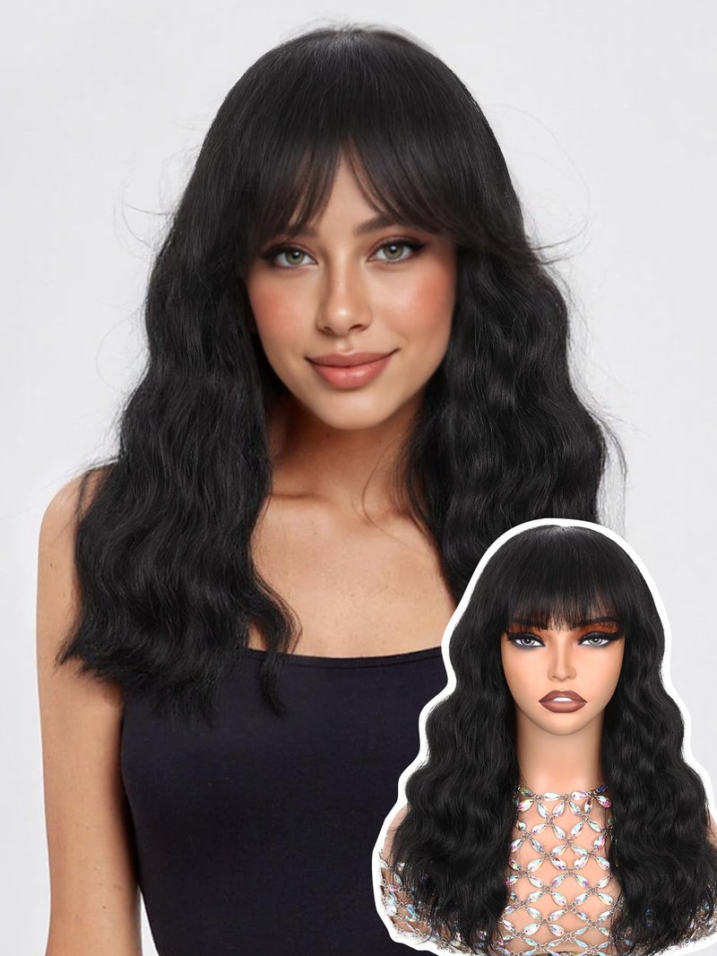 WIGNEE 100% Virgin Human Hair Natural Wave Wigs with Bangs Brazilian Human Hair Wave Wigs Natural Black Color (16 Inch) - Image 1